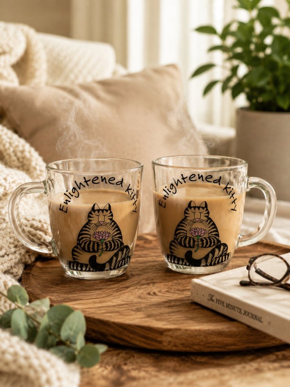 Enlightened Kitty Clear Glass Mug 8oz | 2 ea. Whimsical Cat Mugs